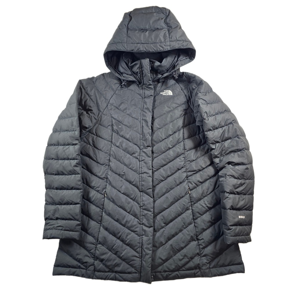 The North Face Goose Down Puffer Jacket Womens Large Black 550 Fill Hooded Parka